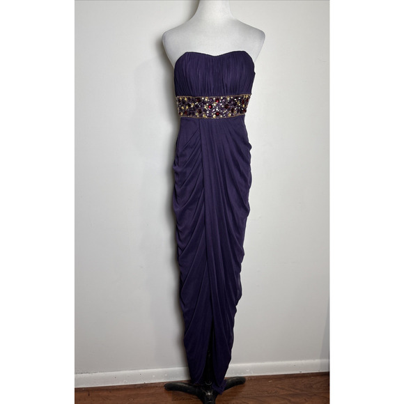 Shimmer Bari Jay Purple Beaded Maxi Dress Size 10 Strapless Grecian Formal Prom - Picture 1 of 8